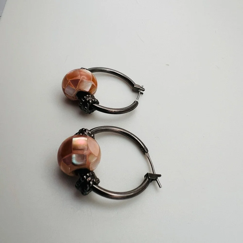 Gunmetal Hoop Earrings with Pink Mosaic Faux Mother of Pearl Shell Beads Boho